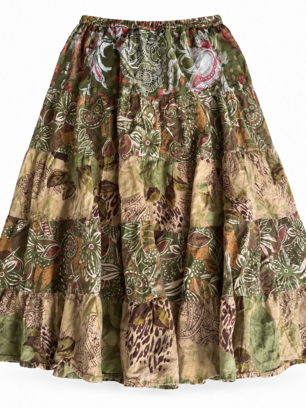 Vintage Notations Patchwork Tiered Cotton Boho Midi Skirt Green Paisley Medium
